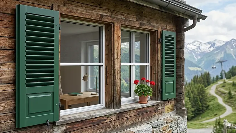 Grüne Fensterläden an traditionellem Holzhaus mit Alpenpanorama – klassischer Fassadenschutz