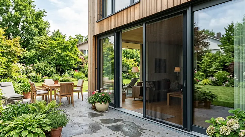 Insektenschutz-Gitter an grosser Terrassentür mit Gartensicht – unauffällige Integration