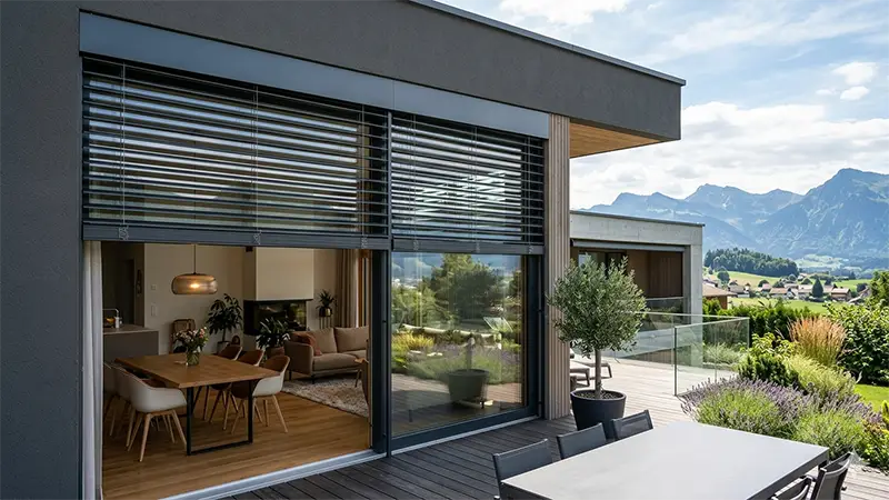 Lamellenstoren an modernem Wohnhaus mit Bergpanorama – Sonnen- und Sichtschutz, Wälty Storen AG