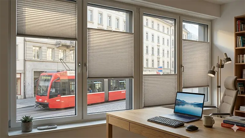 Plissees an Bürofenster mit Stadtblick – flexible Licht- und Sichtregulierung