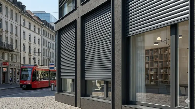 Anthrazit-farbene Rollladen an Geschäftsgebäude in der Stadt – Wetterschutz und Sicherheit