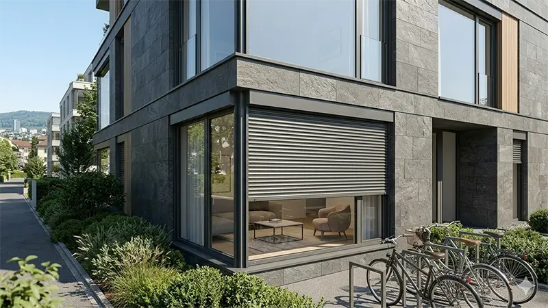 Rollladen an modernem Stadtgebäude aus Naturstein – Verdunkelung und Sichtschutz, Zürich